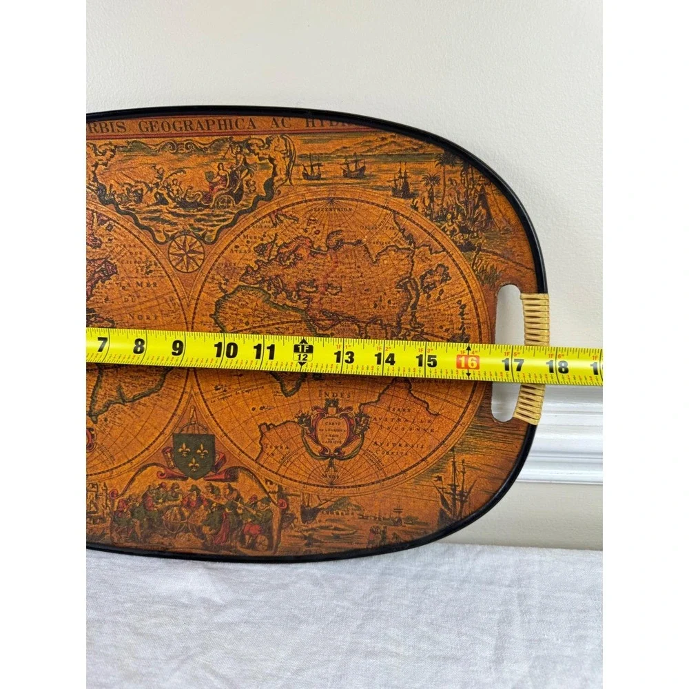 Vintage World Map Oval Serving Tray Orbis Geographica Wicker Handles 18.5 Inch